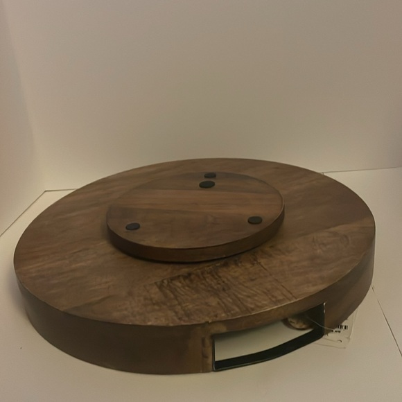 Gourmet Basics Lemon Rotating Tray, wood with iron handles. 16”L X 16”W X 2.75”H - Picture 16 of 17